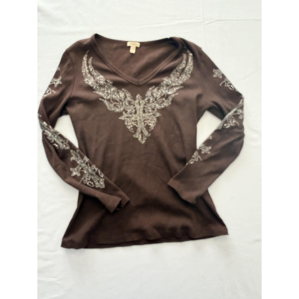 Reba Shirt Womens Small Brown Rhinestone V Neck Thermal Knit Long Sleeve Top